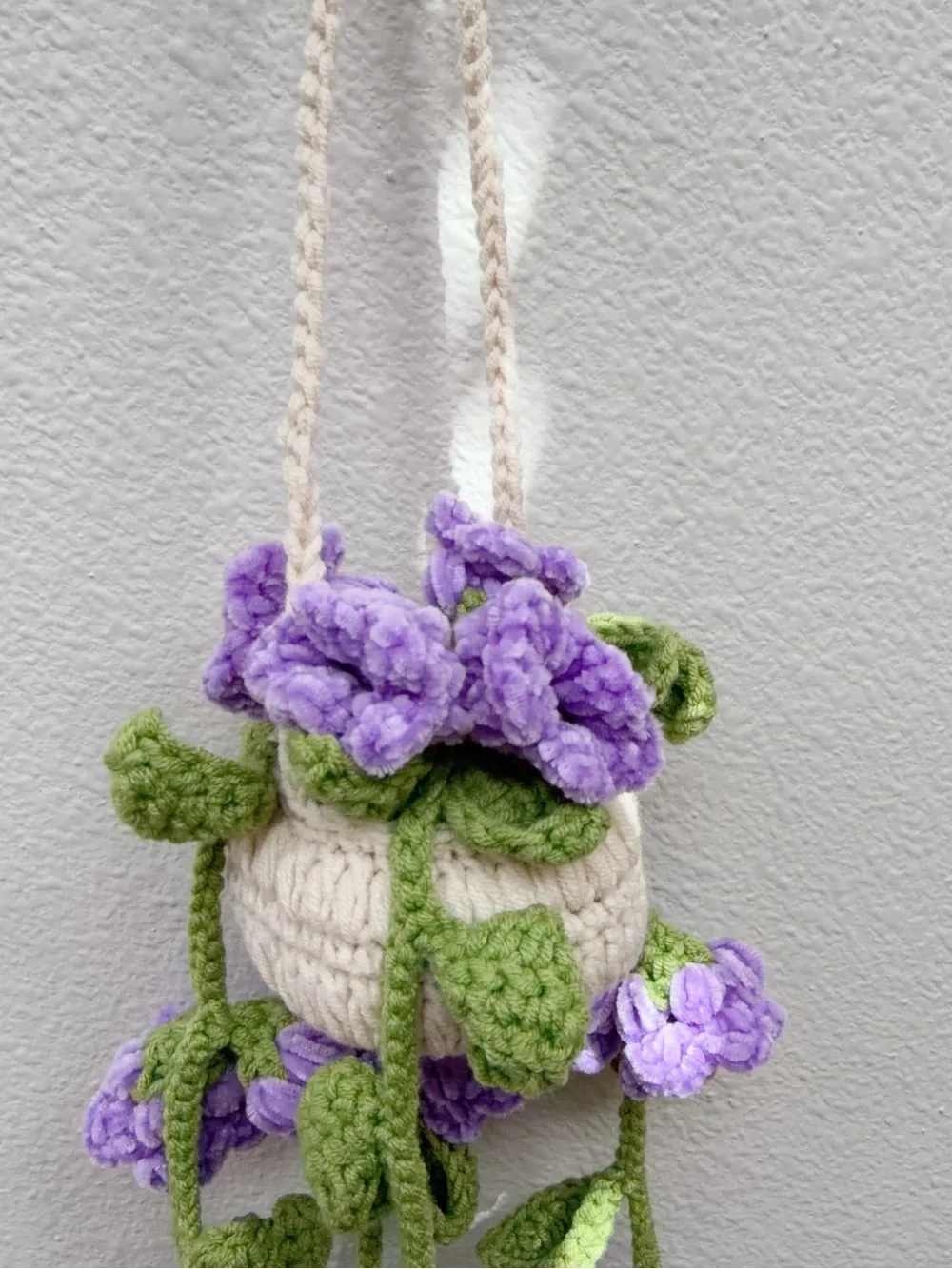 Handmade Cream and Purple Crochet Hanging Wall Planter